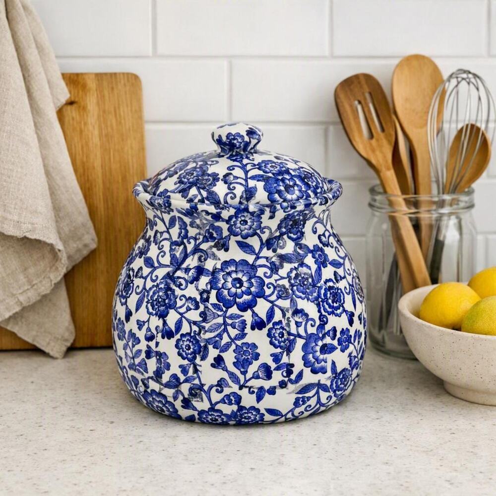 Blue & White Ceramic Canister – Mediterranean Floral – Upcycled & Sealed – 9.75”